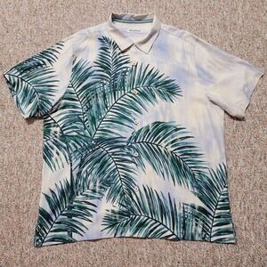 Tommy Bahama Shirt Mens XL White Green Palm Leaf‎ Silk Hawaiian Camp Button Up